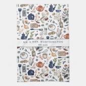 手素朴絵を描国キッチンモノグラム茶 キッチンタオル (縦)