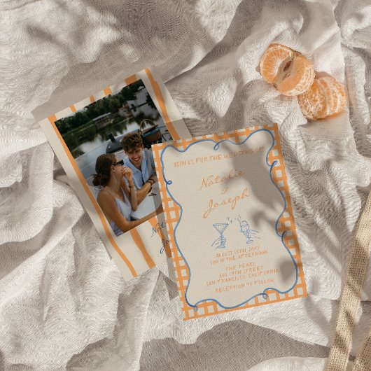 手絵を描カラフルお洒落写真結婚の 招待状