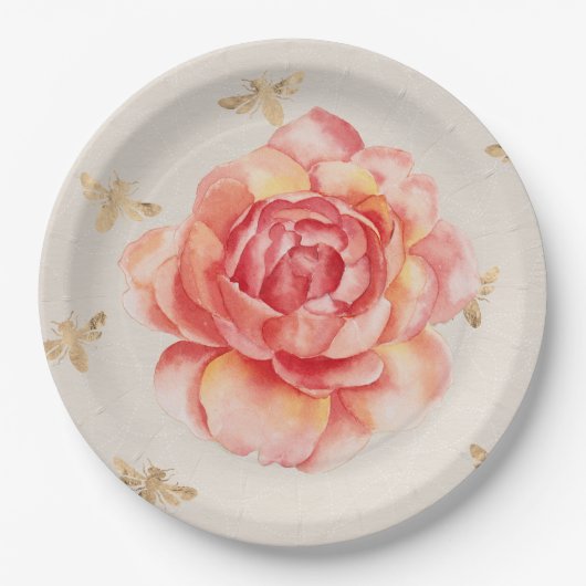 手絵を描バラまたは牡丹と金の蜂の白 ペーパープレート (正面)