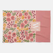 手絵を描フローラピンクレッド名モノグラム キッチンタオル (横)
