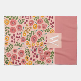 手絵を描フローラピンクレッド名モノグラム キッチンタオル