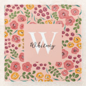 手絵を描フローラ赤面ピンクネームコースター ガラスコースター (正面)