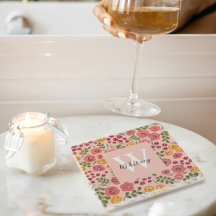 手絵を描フローラ赤面ピンクネームコースター