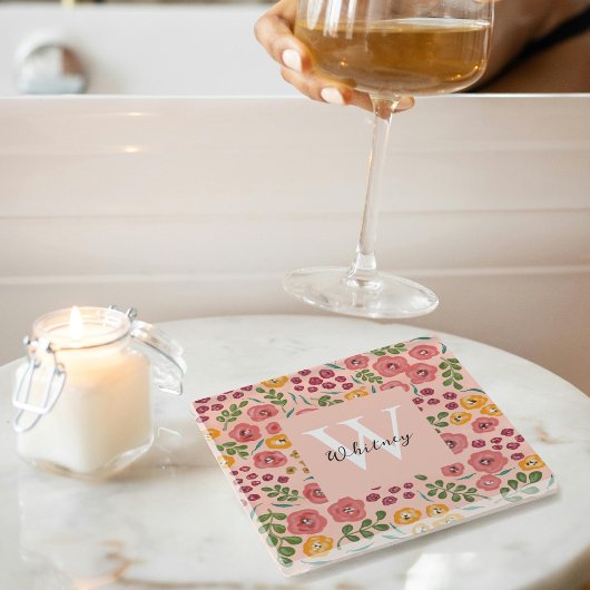 手絵を描フローラ赤面ピンクネームコースター ガラスコースター