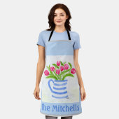 手絵を描水彩チューリップ青ストライプ水投手 エプロン (着用した状態)
