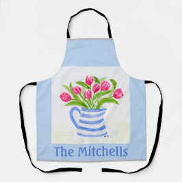 手絵を描水彩チューリップ青ストライプ水投手 エプロン