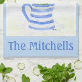 手絵を描水彩チューリップ青ストライプ水投手 キッチンタオル (折り畳み)