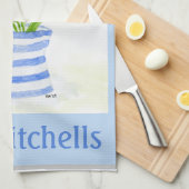 手絵を描水彩チューリップ青ストライプ水投手 キッチンタオル (四つ折り)