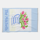 手絵を描水彩チューリップ青ストライプ水投手 キッチンタオル (横)