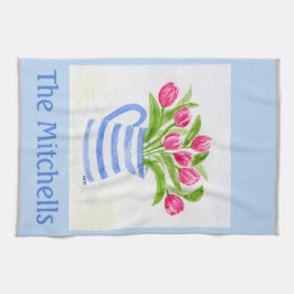 手絵を描水彩チューリップ青ストライプ水投手 キッチンタオル