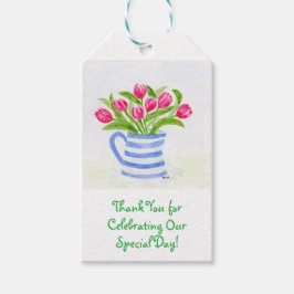 手絵を描水彩チューリップ青ストライプ水投手 ギフトタグ