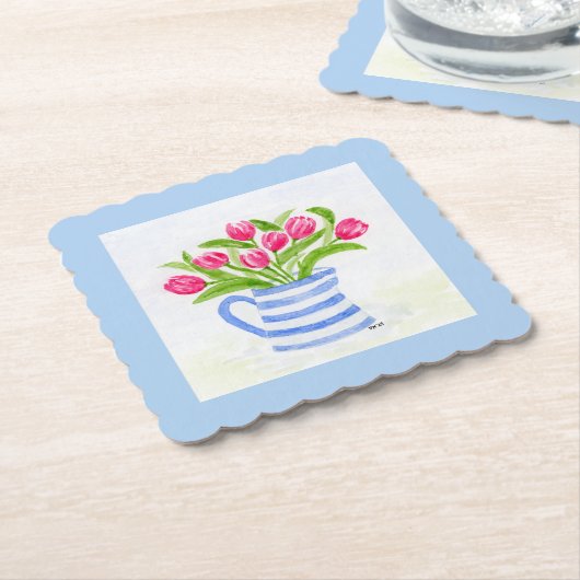 手絵を描水彩チューリップ青ストライプ水投手 ペーパーコースター (アングル)