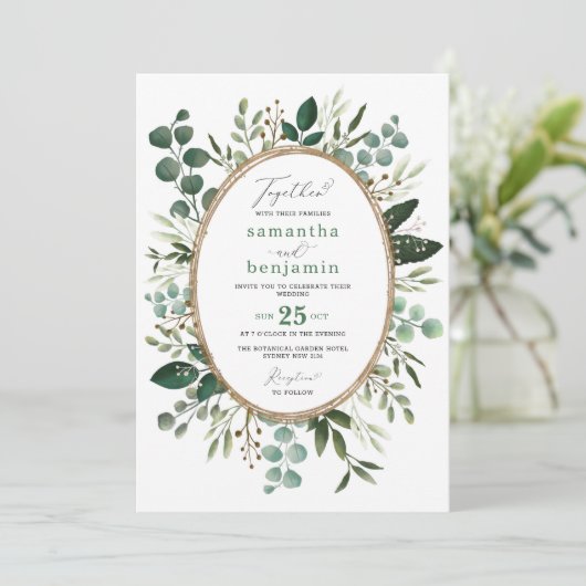 手絵を描水彩植物緑結婚園 招待状 (スタンド正面)