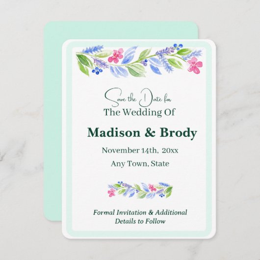 手絵を描水色の花DATE写真を保存 (正面/裏面)