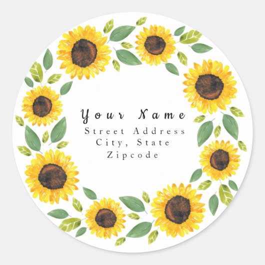 '手絵を描水色ひまわりリース'ラベル ラウンドシール (正面)