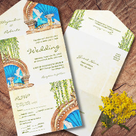 手絵を描水色オールドメキシ結婚コ オールインワン招待状