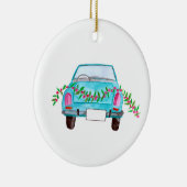 手絵を描水色クリスマスカー セラミックオーナメント (右)