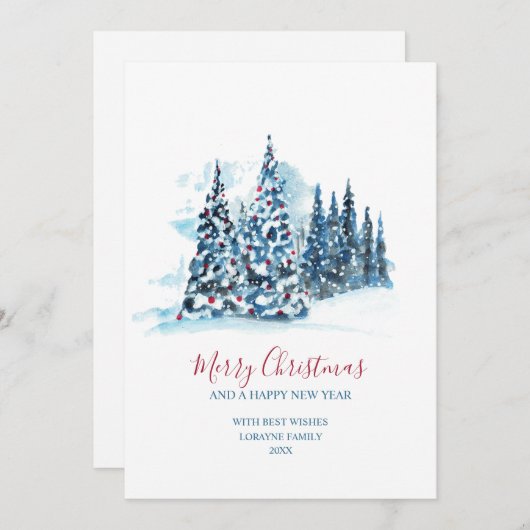 手絵を描水色クリスマスグリーティングカード シーズンカード (正面/裏面)