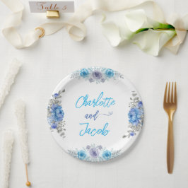 手絵を描水色フローラブライダルシャワーページ ペーパープレート
