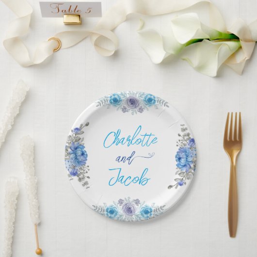 手絵を描水色フローラブライダルシャワーページ ペーパープレート (ウェディング)