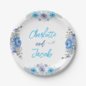 手絵を描水色フローラブライダルシャワーページ ペーパープレート (正面)