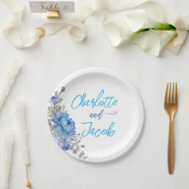 手絵を描水色フローラブライダルシャワーページ ペーパープレート