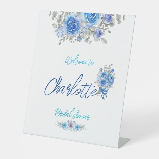 手絵を描水色フローラブライダルシャワー 台座サイン (正面)