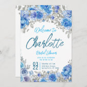 手絵を描水色フローラブライダルシャワー 招待状 (正面/裏面)