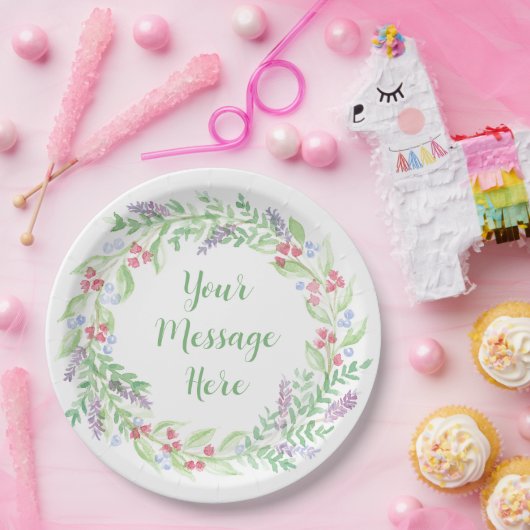 手絵を描水色フローラリース ペーパープレート (パーティー)