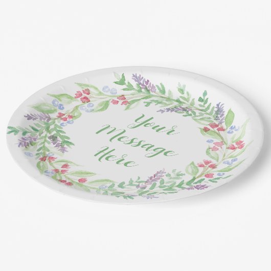 手絵を描水色フローラリース ペーパープレート (アングル)