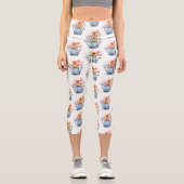 手絵を描水色フローラ カプリレギンス (正面)