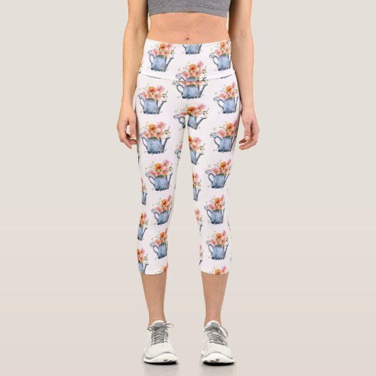 手絵を描水色フローラ カプリレギンス (正面)