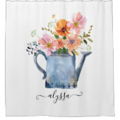 手絵を描水色フローラ シャワーカーテン (正面)