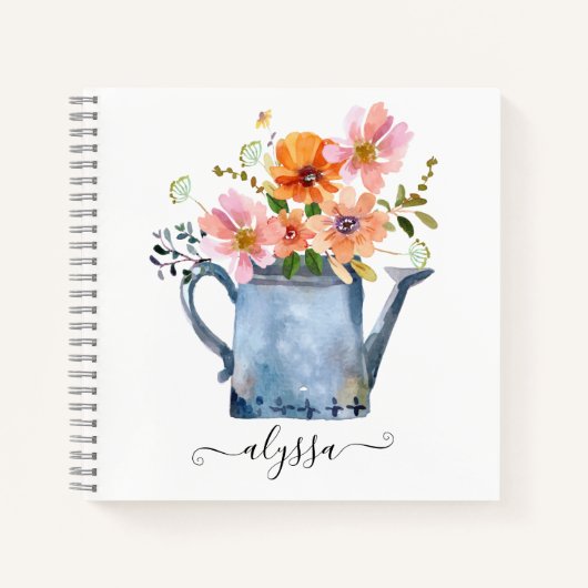 手絵を描水色フローラ ノートブック (正面)
