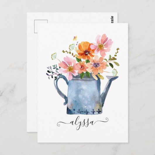 手絵を描水色フローラ ポストカード (正面/裏面)