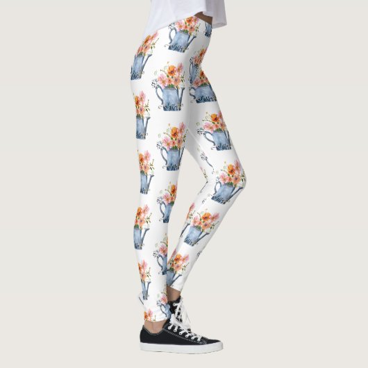 手絵を描水色フローラ レギンス (右)