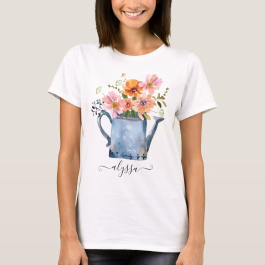 手絵を描水色フローラ Tシャツ (正面)