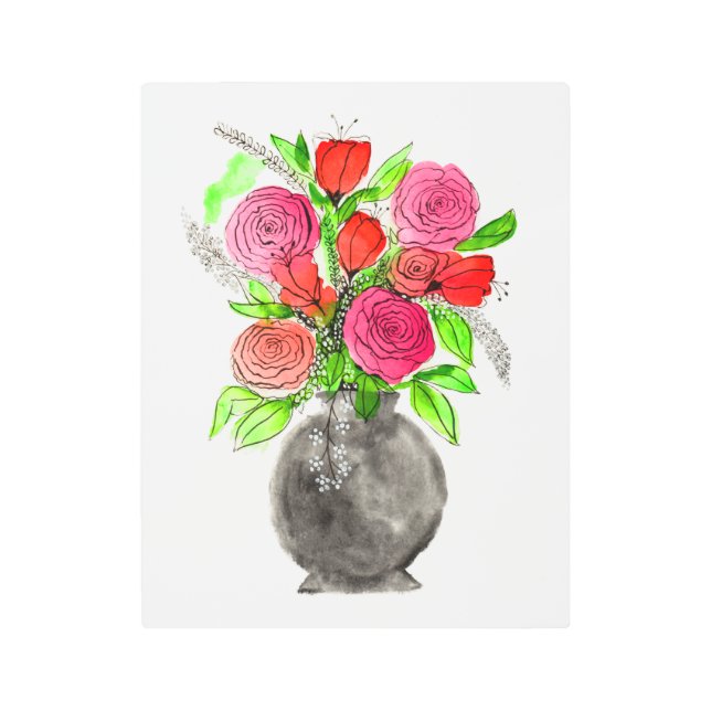 手絵を描水色抽象芸術フローラアート メタルプリント (正面)