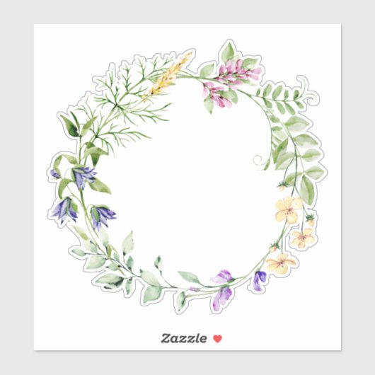 手絵を描水色野花リース枠 シール (シート)