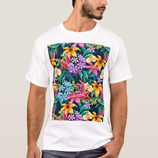 手絵を描異国花柄–23001 Tシャツ (正面)