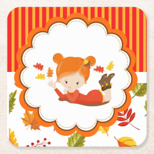 手絵を描秋愛らしい少女 スクエアペーパーコースター
