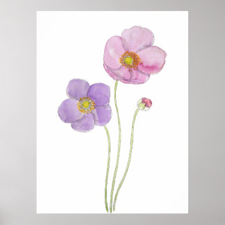 手絵を描紫とピンクのコスモスの花とインク ポスター