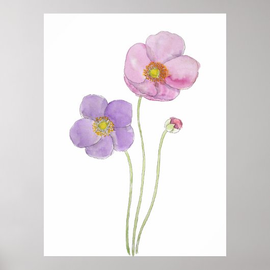 手絵を描紫とピンクのコスモスの花とインク ポスター (正面)