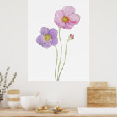 手絵を描紫とピンクのコスモスの花とインク ポスター (キッチン)