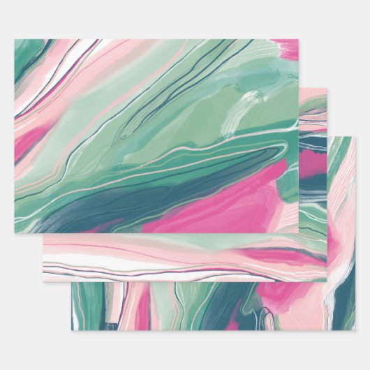 手絵を描絵を描抽象芸術の霜色の緑のピンク ラッピングペーパーシート (セット)