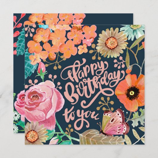 手絵を描花誕生日グリーティングカード (正面/裏面)