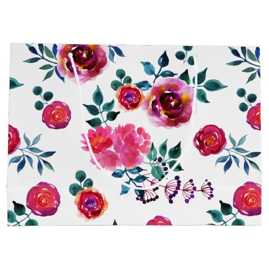 手絵を描赤とピンクのバラのパターン ラージペーパーバッグ (裏面)