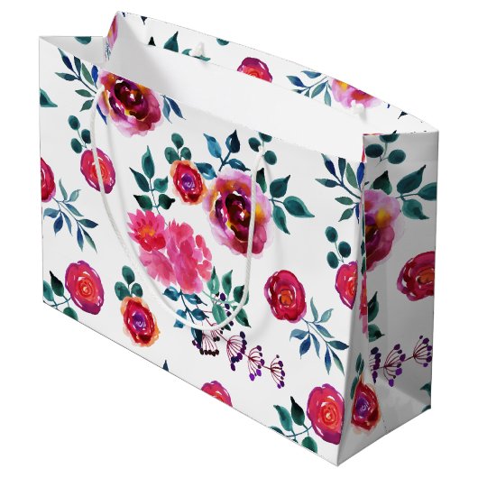 手絵を描赤とピンクのバラのパターン ラージペーパーバッグ (裏面アングル)