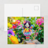 手編みの夏の妖精が百日草の花壇に佇む シーズンポストカード (正面/裏面)