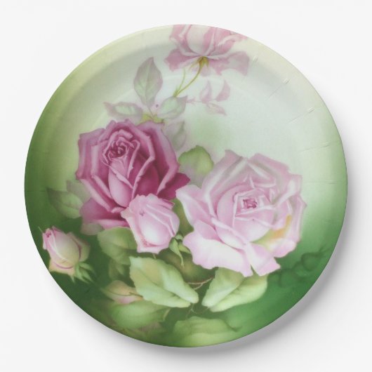 手色彩の鮮やかアンティークスタイルバラ誕生日結婚の ペーパープレート (正面)